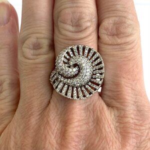 Sterling Silver 925 Modernist Style Spiral Pave Cubic Zirconia Cocktail Ring  9